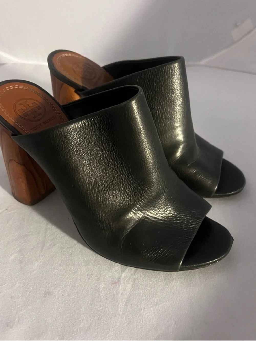 Tory Burch Black Leather Open-Toe Mule with Wood-Effect Block Heel